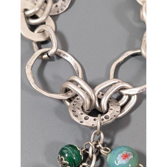 Mozaic Silver TOne Green Glass Charm Chain Bracelet Chunky Boho 8.5-11" - Picture 3 of 7